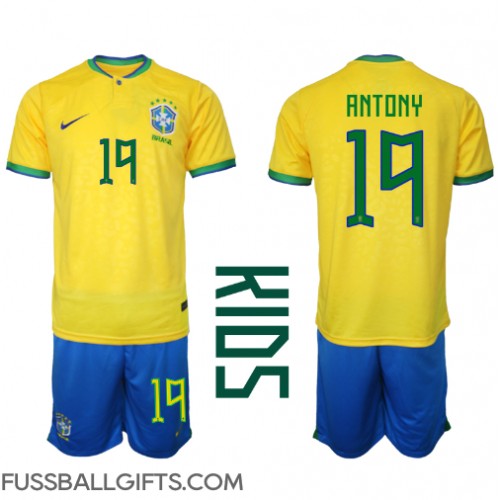 Brasilien Antony #19 Fußballbekleidung Heimtrikot Kinder WM 2022 Kurzarm (+ kurze hosen)